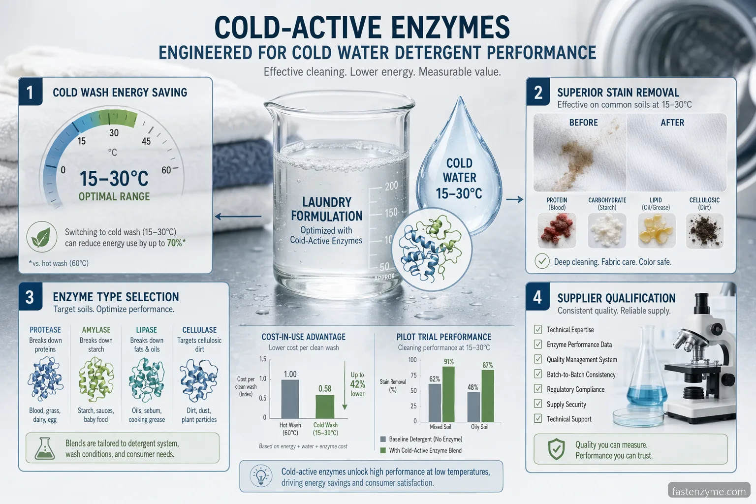 cold active enzyme supplier for cold water detergent guide with enzyme types, cold wash, dosing, and QC icons