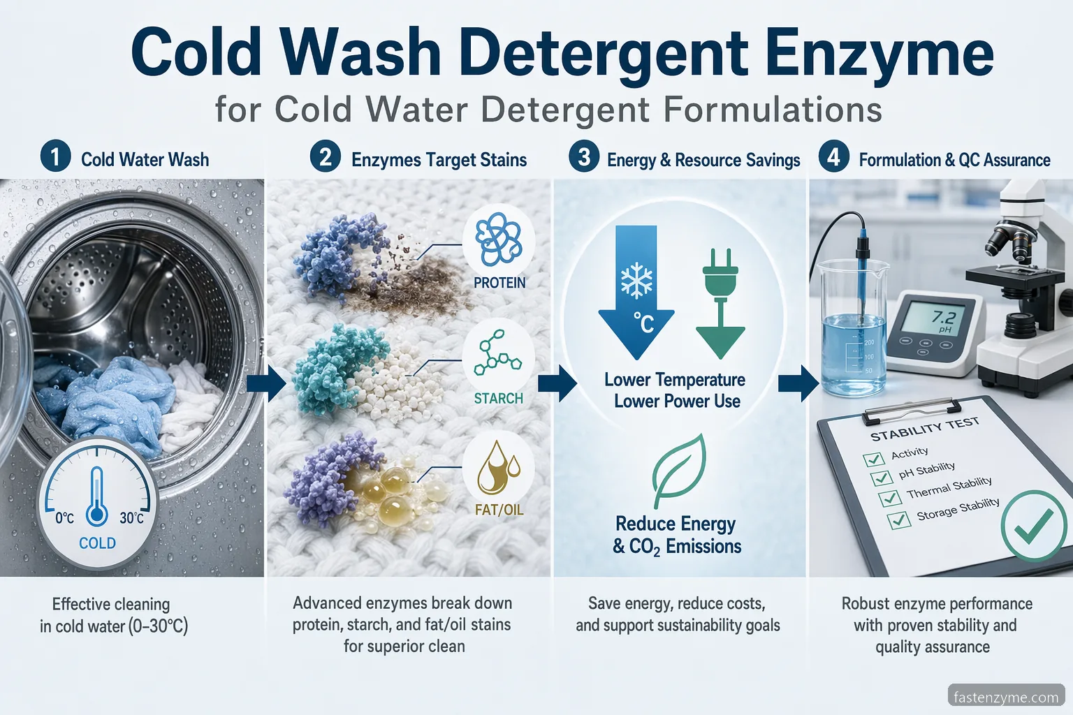 cold wash detergent enzyme for cold water detergent formulations overview showing stain enzymes and energy-saving wash