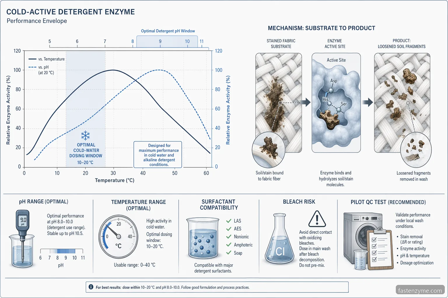industrial cold active enzyme cold water detergent guide: pH and temperature curves show optimal dosing window