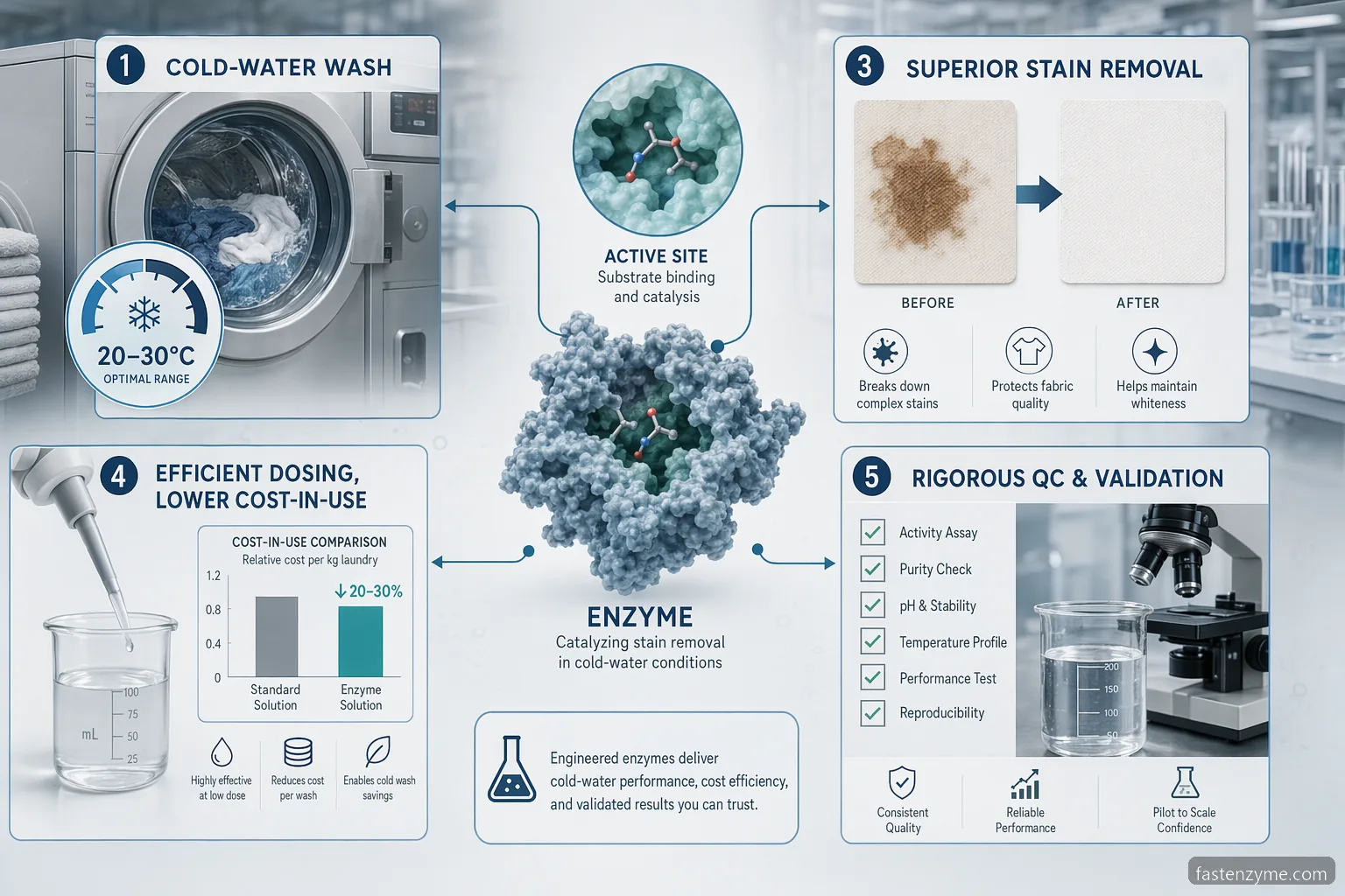 industrial cold active enzyme cold water detergent guide: enzyme, stain, pH, temperature, and QC icons