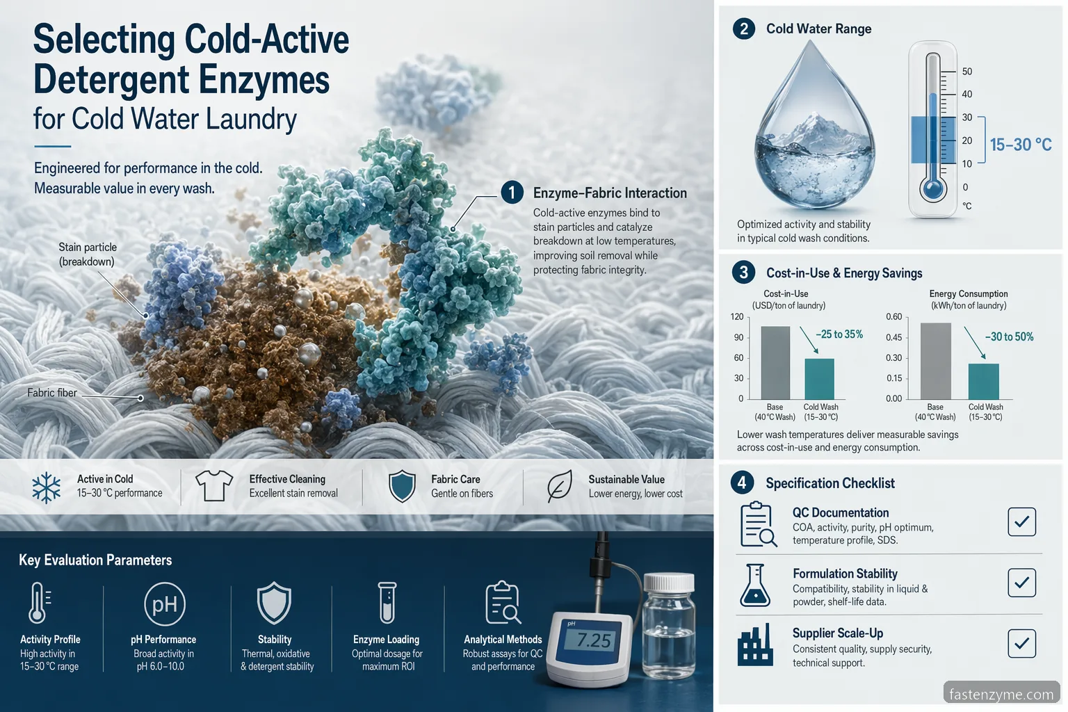 industrial low temperature enzyme cold water detergent checklist with enzyme selection matrix, cold-wash gauges, QC icons