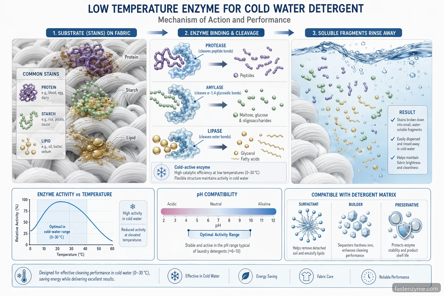 low temperature enzyme for cold water detergent: diagram maps enzyme activity across pH, temperature, and stains