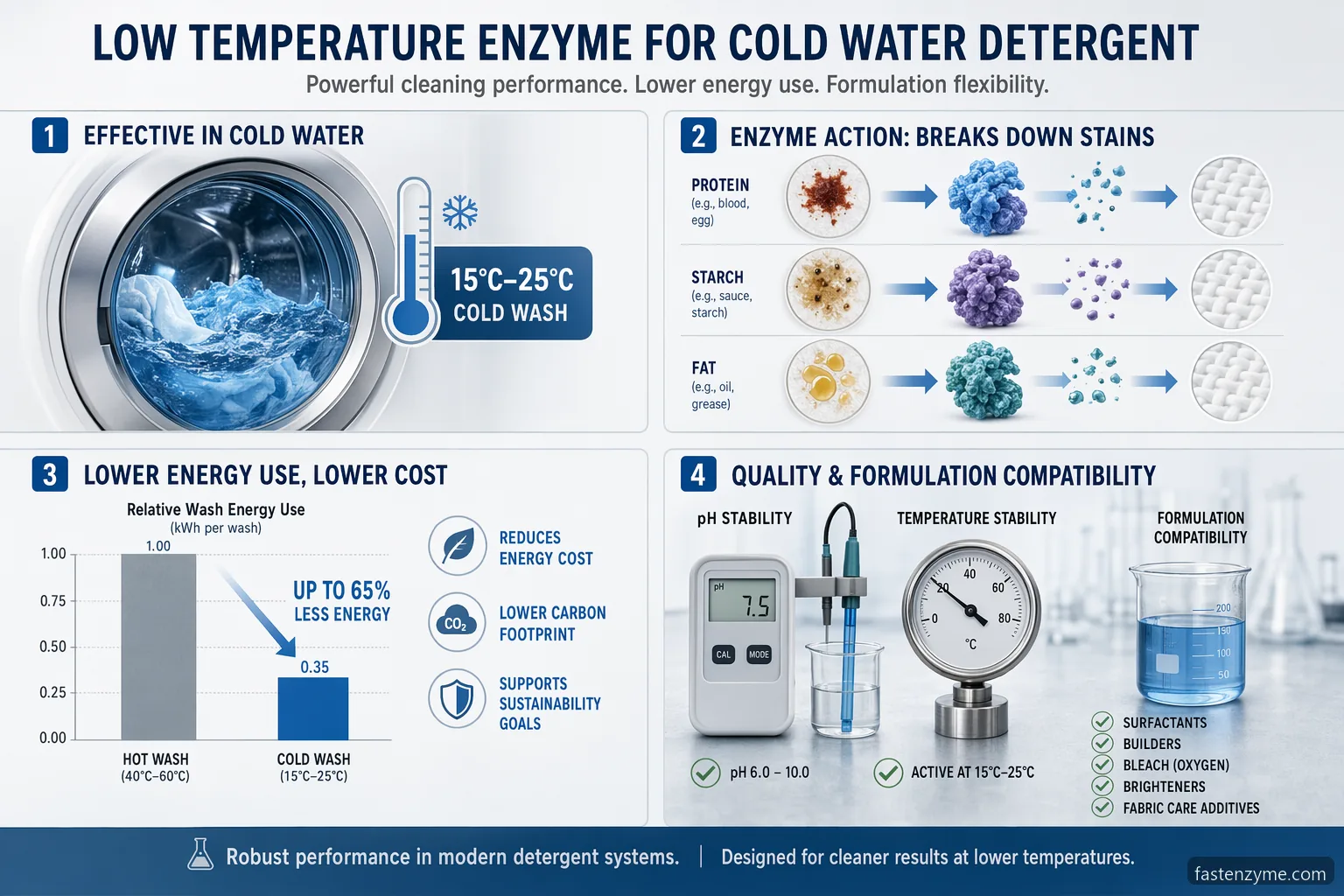 low temperature enzyme for cold water detergent: infographic shows cold wash stain removal, energy savings, QC checks