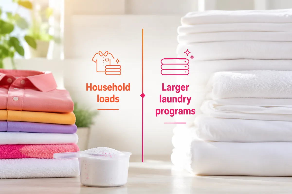 Household laundry and larger commercial laundry loads, with a scoop of detergent powder
