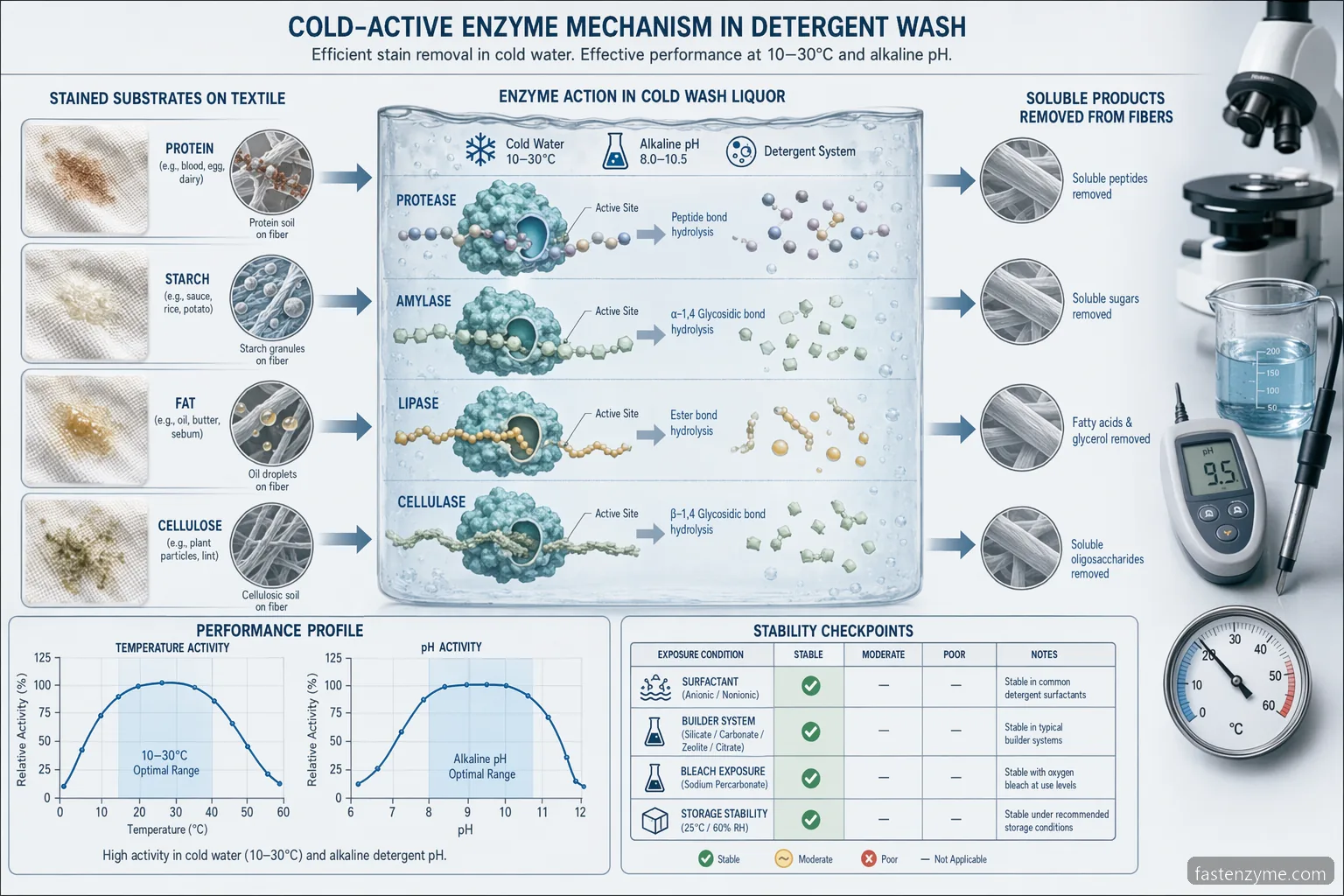 low temperature enzyme supplier for cold water detergent mechanism: pH and temperature curves linked to stain breakdown