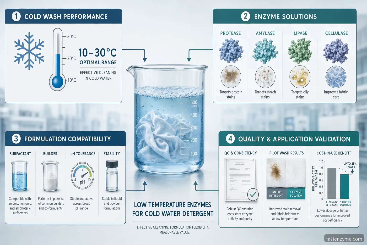 low temperature enzyme supplier for cold water detergent page: cold-active enzyme classes, trial conditions and QC checks