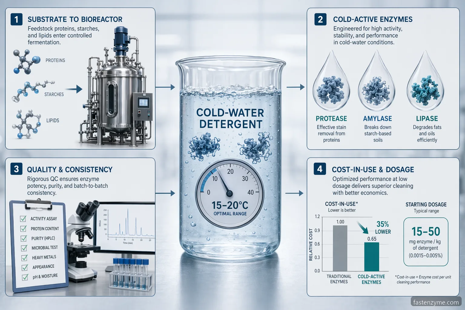 substrate for production cold active enzymes detergent guide, showing substrate choice, QC, dosing, and cold-wash performance