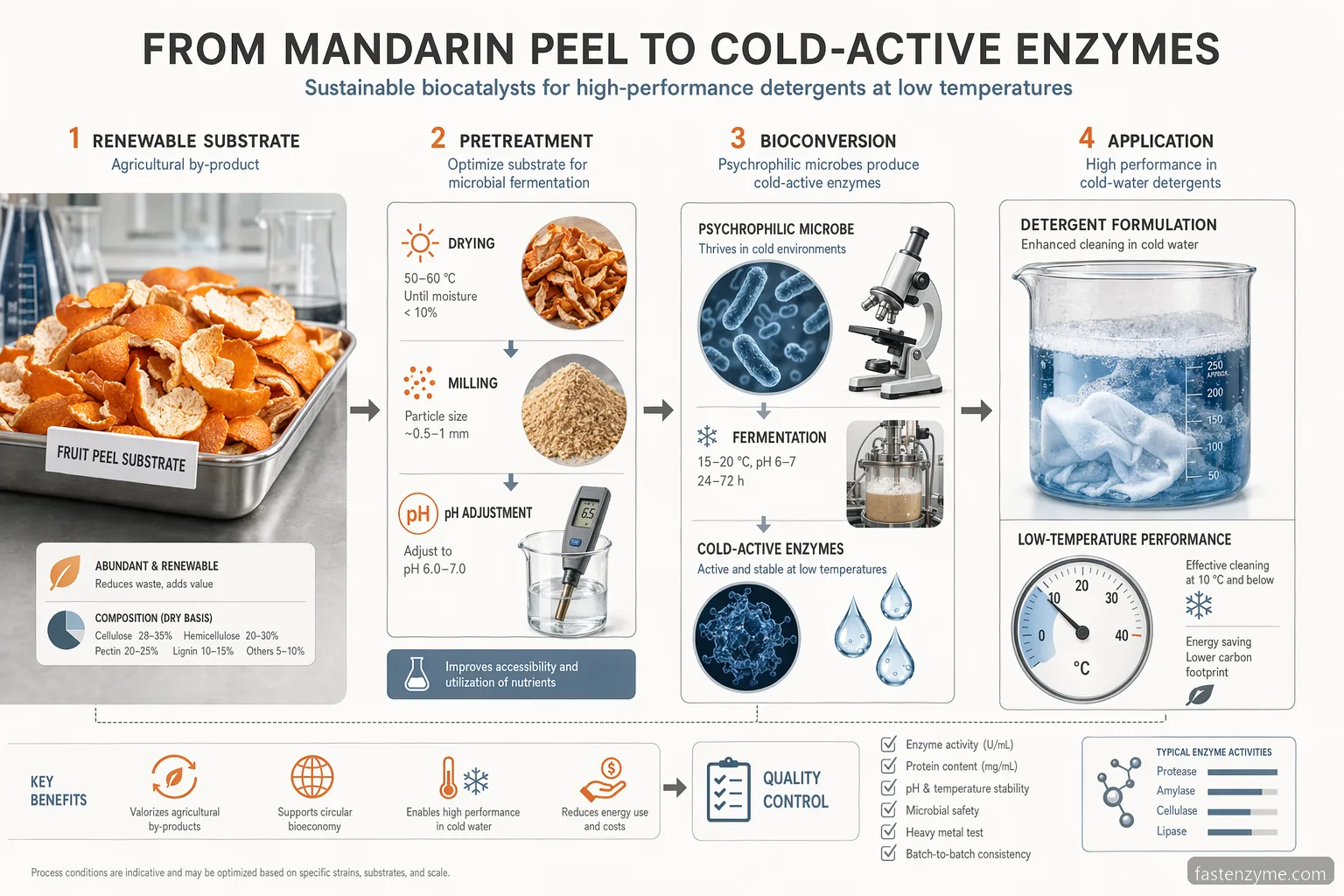 substrate with mandarin peel for production cold active enzymes guide, showing peel prep, microbes, cold wash QC